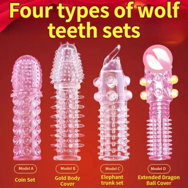 Male wolf tooth set, dynamic large particles, longer and thicker, fast desensitization, conquer your girlfriend, double the pleasure, reusable! Fun adult sex products